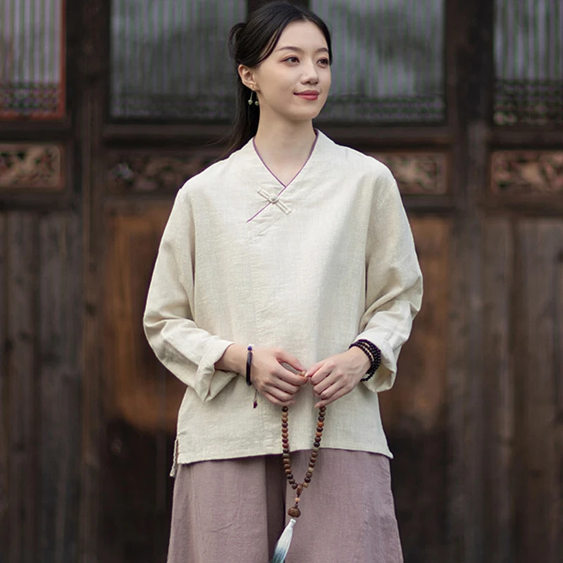 

Women Cotton Linen Casual T-shirts New Arrival 2025 Autumn Vintage Style V-neck Solid Color Female Long Sleeve Tops Tees M2019