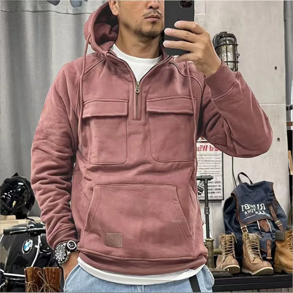 Men Solid Color Half Zip Hoodie Autumn Winter Multi Pocket Hooded Sweatshirt, Outdoor Sports Hooded Jacket for Young Men