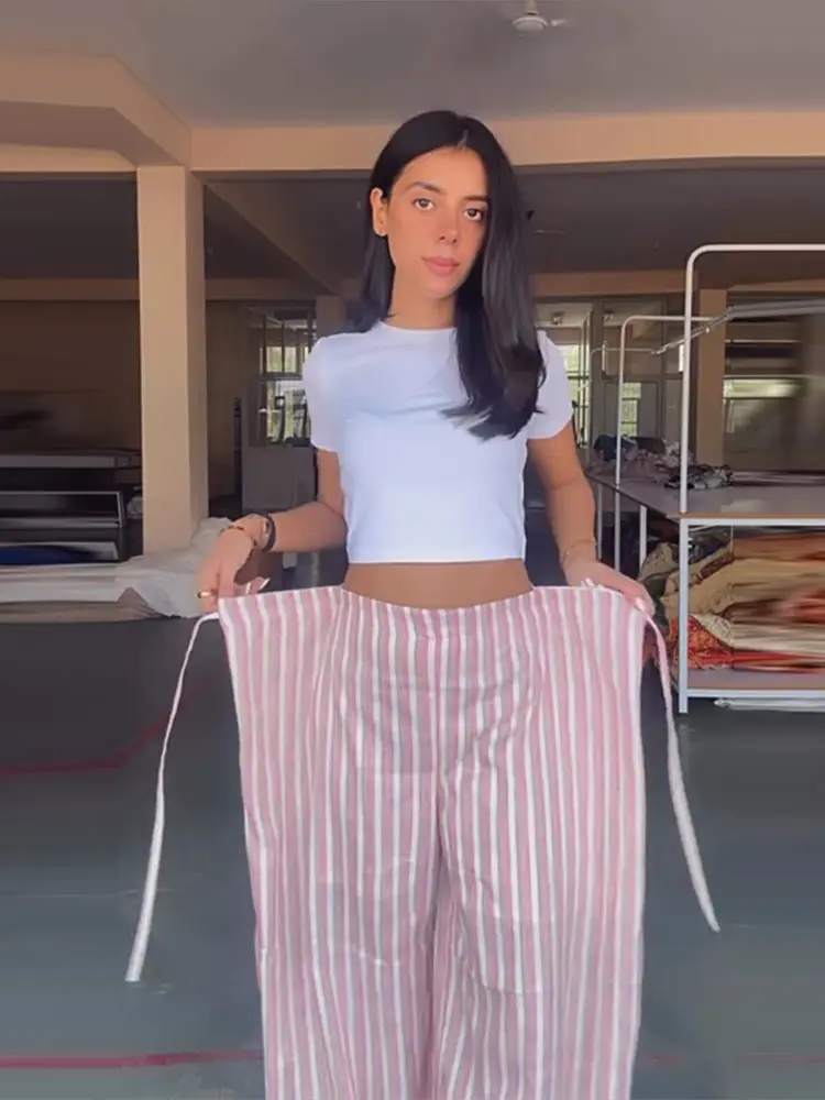 Verstellbare gestreifte Hose für Damen – Streetwear mit hoher Taille, Schnürung, weitem Bein und charmantem Panel-Design – Neu – Detail 13