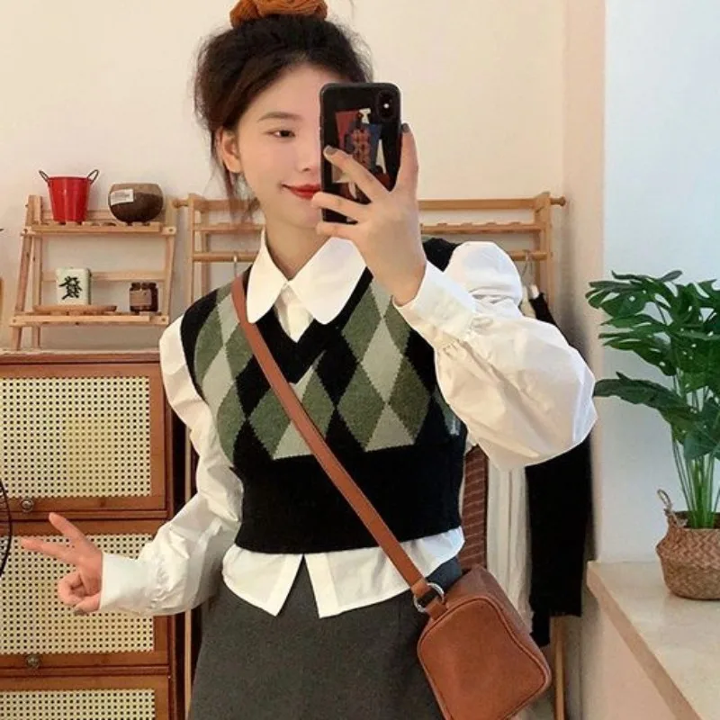 Vintage Short Sweater Vests Women Diamond Check Tops Knitted V-neck All-match Students Preppy Autumn Winter Outwear Chic Female