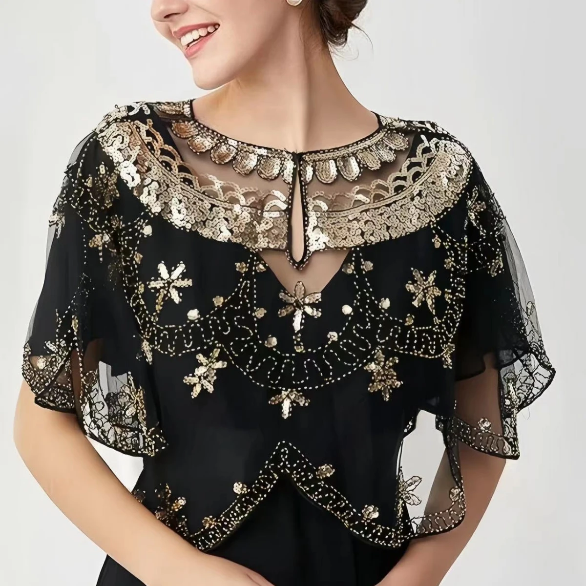 Elegant Baroque Sequin Embroidery Shawl - 1920s Flapper Party Cover Up - Solid Color & Breathable Mesh