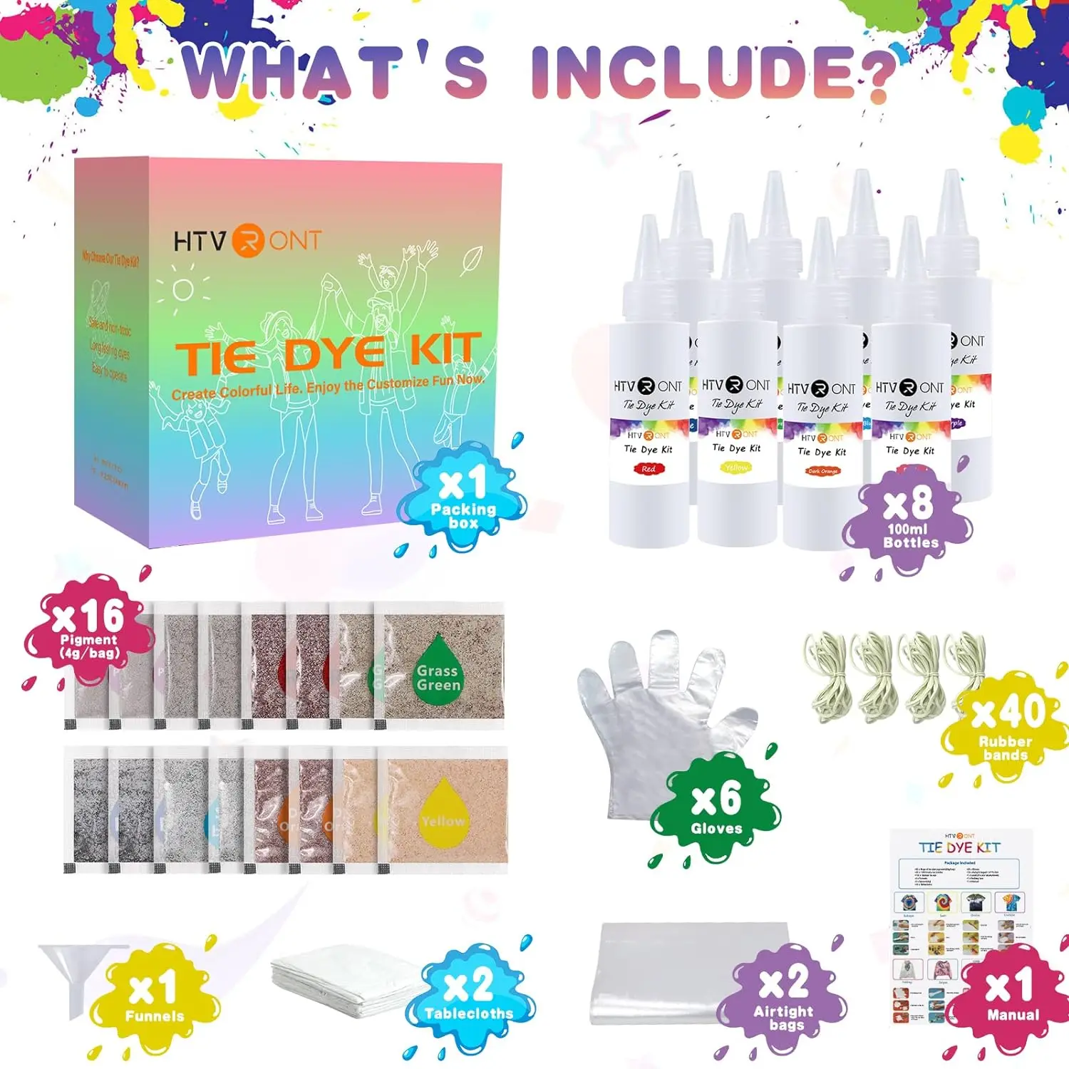 HTVRONT 8 Kit pewarna dasi 100ML warna cerah anak-anak dewasa untuk pakaian kemeja gaun dasi perlengkapan pesta cocok untuk pemula