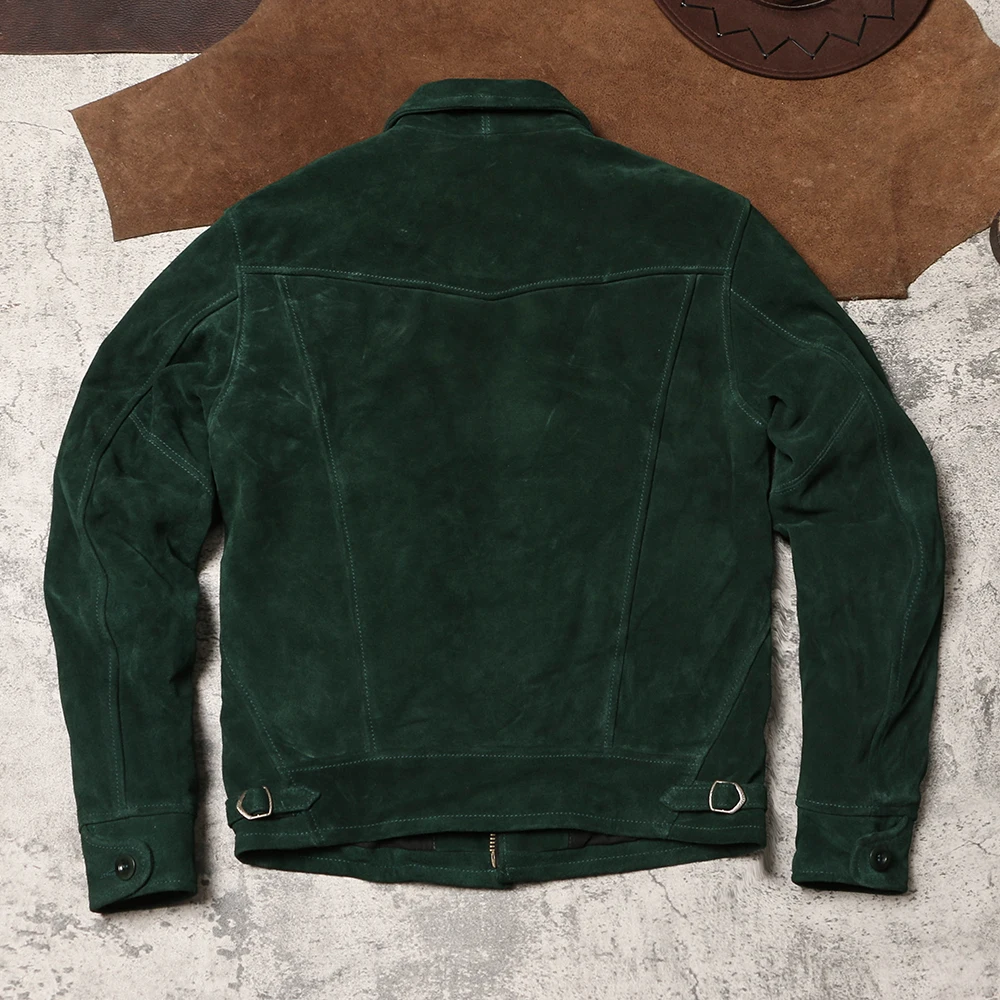 Vintage Washed Mendoza Leather Jacket Dark Green Suede Cowhide Lapel Leather Jacket Autumn/Winter Farmer Leather Jacket