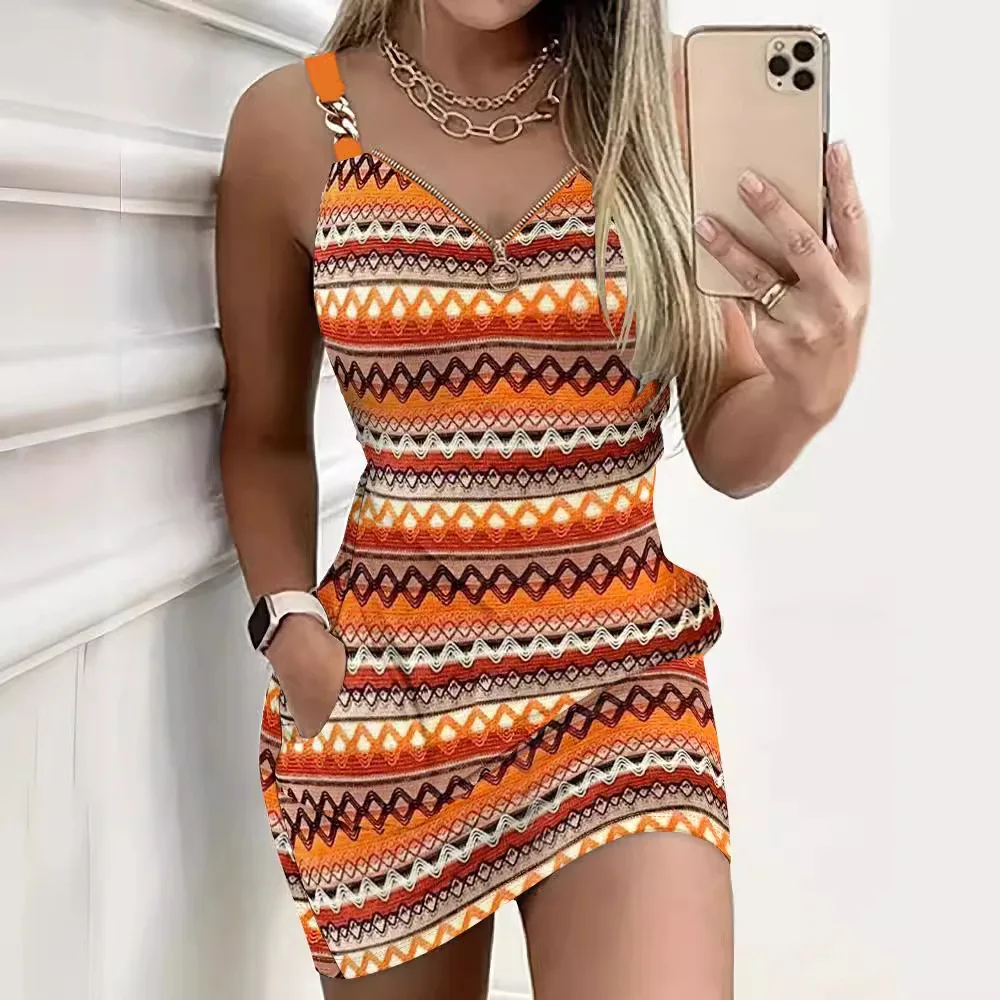 

Women Dress Short Dresses V Neck Zipper Sling Sleeveless Sexy Slim Fit Hip Wrap Sheath Summer Print Vestidos Elegant Splice