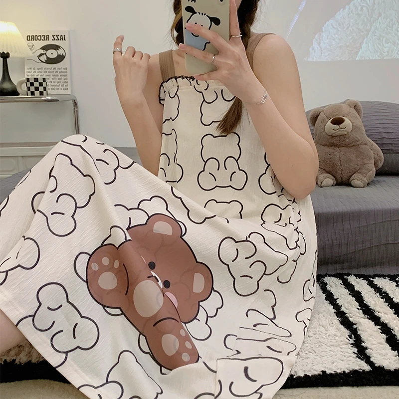 

Summer Women Nightgown Pajamas Cartoon Bear Print Nightdress Cute Sleepwear Sleeveles Girl Pijamas Mujer Women Leisure Homewear