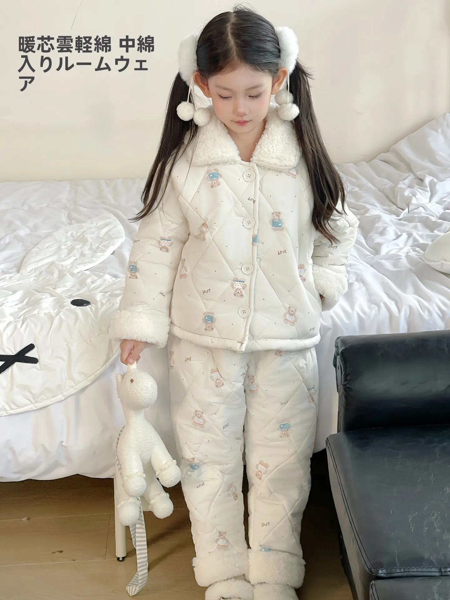 thiened-bear-cartoon-home-clothes-set-for-girls-winter-spwear-two-piece-suite-warm-flannel-pajamas-children's-faionabl