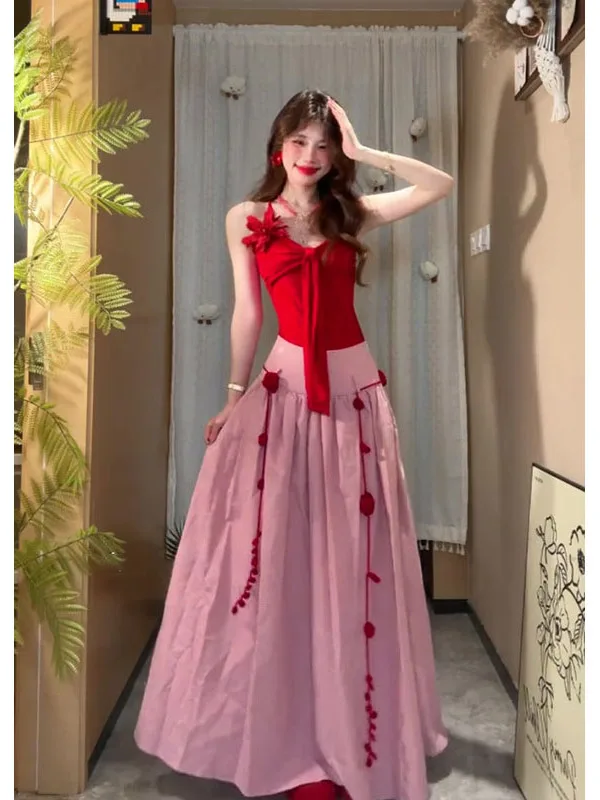 

Летний красивый комплект для женщин: красная юбка-миди без бретелек с высокой талией, свободного кроя, драпированная, в стиле «Spicy Girl» для отпуска