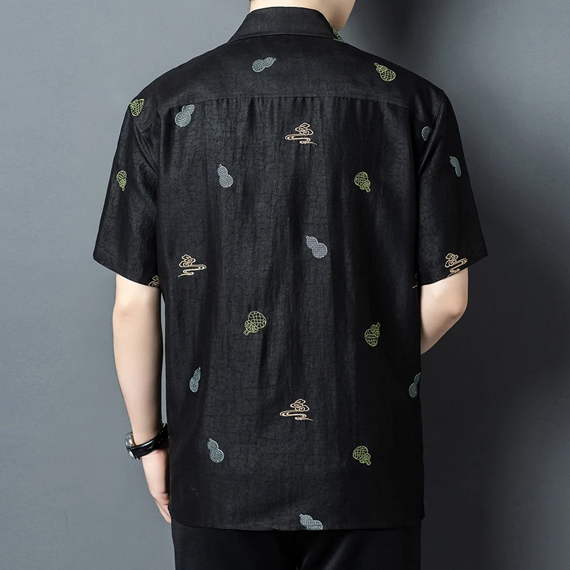 Embroidery Premium Shirts For Men Short Sleeved Real Silk 100% Summer Quality Gambiered Canton Gauze Loose Fit Camisas De Hombre