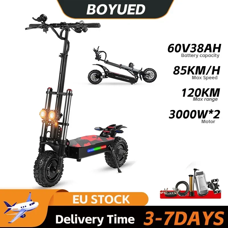 

Высокоскоростной электрический самокат Boyueda S3-11, 6000 Вт, двойной двигатель, 60 В, 38 Ач, большой аккумулятор, максимальный диапазон 120 км, 11-дюймовый внедорожный электронный самокат с шинами