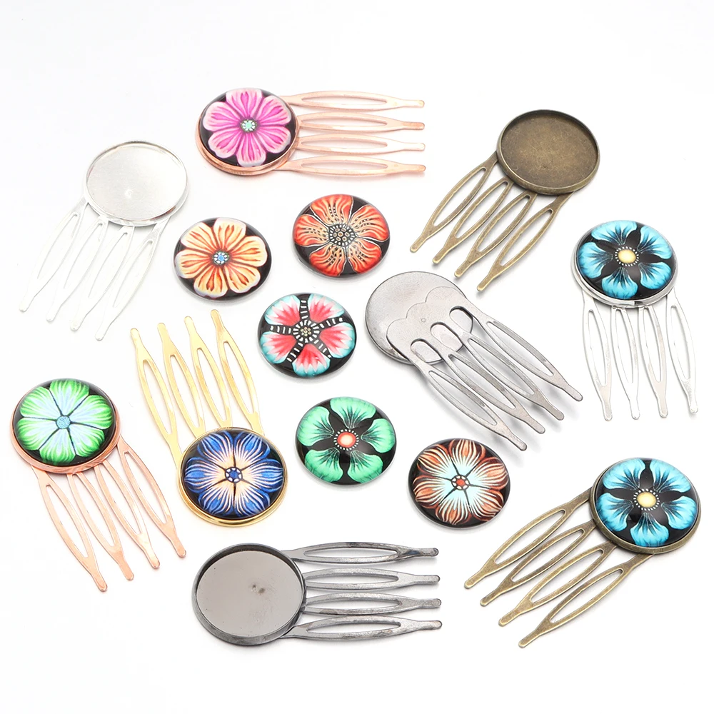 1Sets Iron 4 Teeth Petals Comb Hairpins With Round Blank Tray And Random Flower Pattern Interface For DIY Jewelry Accessories