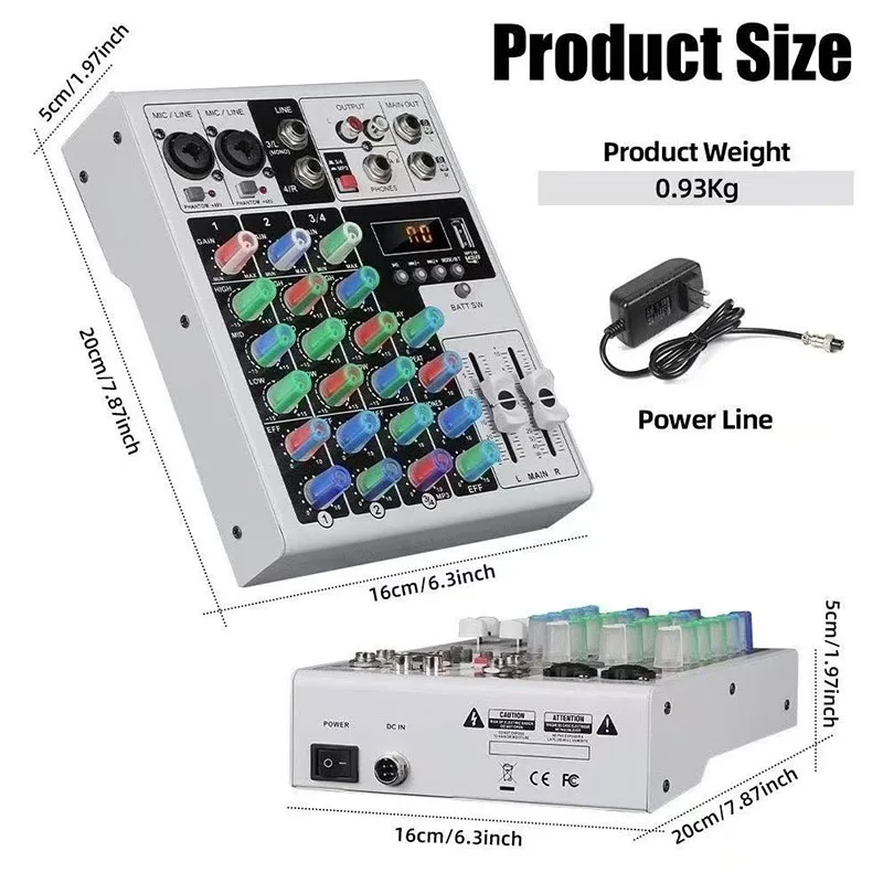 4-Channel RGB Mixer Console with USB Playback | Multi-Input for Mics & Instruments