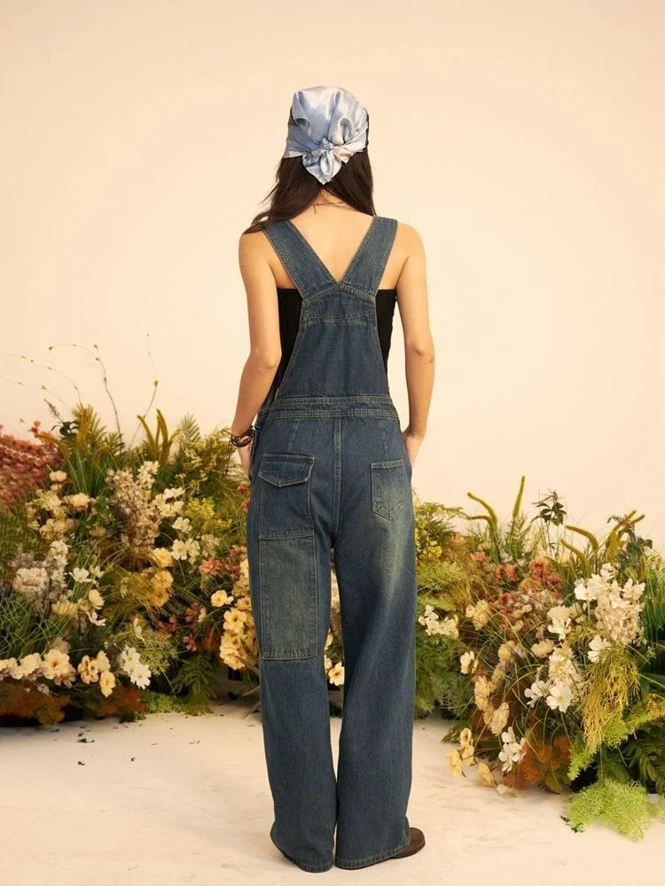 Frauen weites Bein Mädchen Hosenträger Overalls Hosen lässig blau Overalls Mode weibliche Streetwear Stram pler gerade Jeans hose