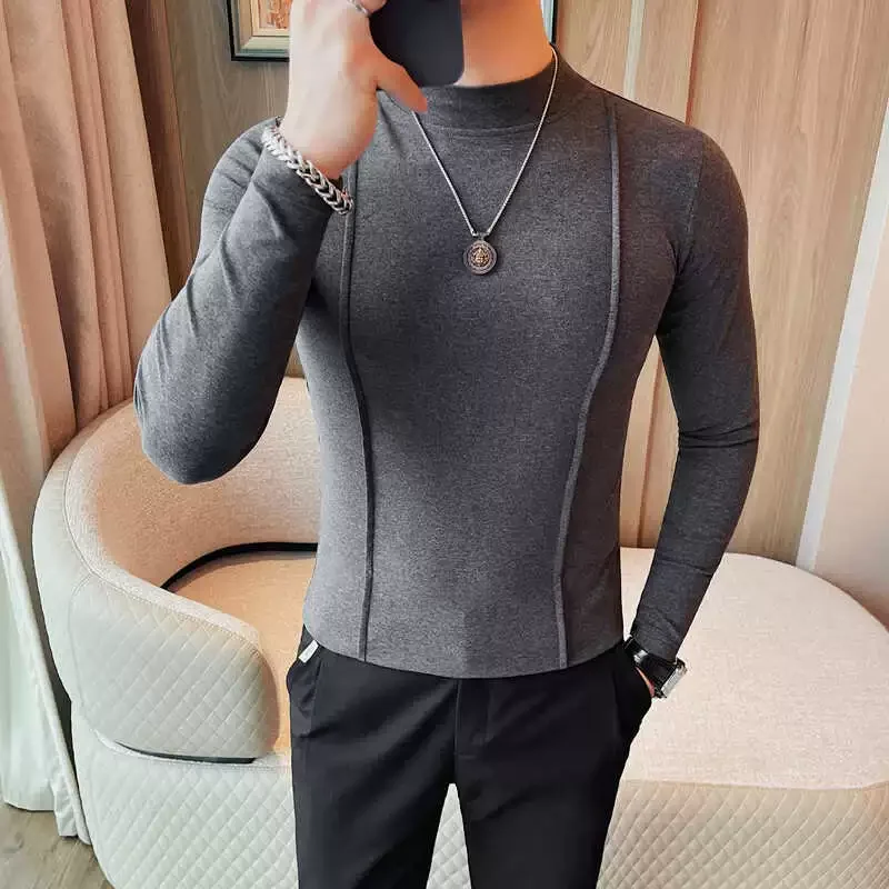 2024 Autumn New Round Neck Solid Color T Shirts Korean Luxury Long Sleeves Men\'s Casual Slim Fit Elastic Cotton Tee Shirts 4XL-M