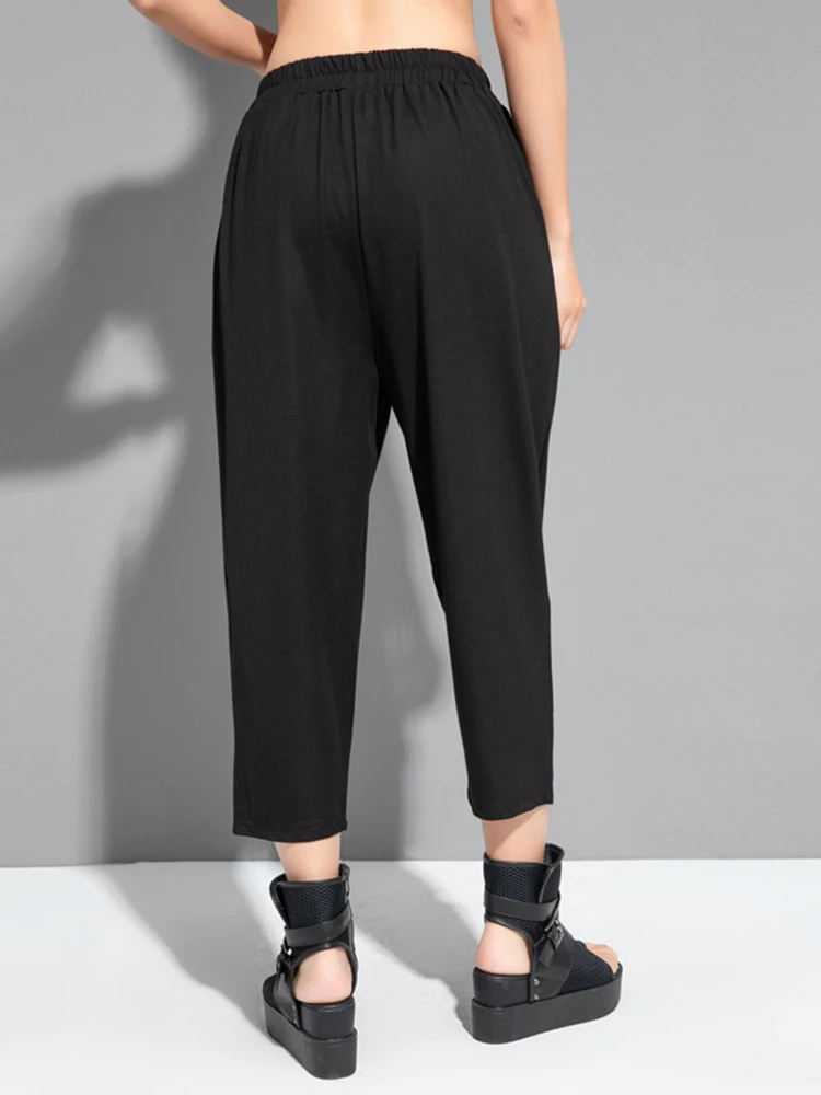 [EAM] High Elastic Waist Black Pockets Casual Harem Calf-Length Pants New Trousers Women Fashion Tide Spring Autumn 2026 1DJ1763