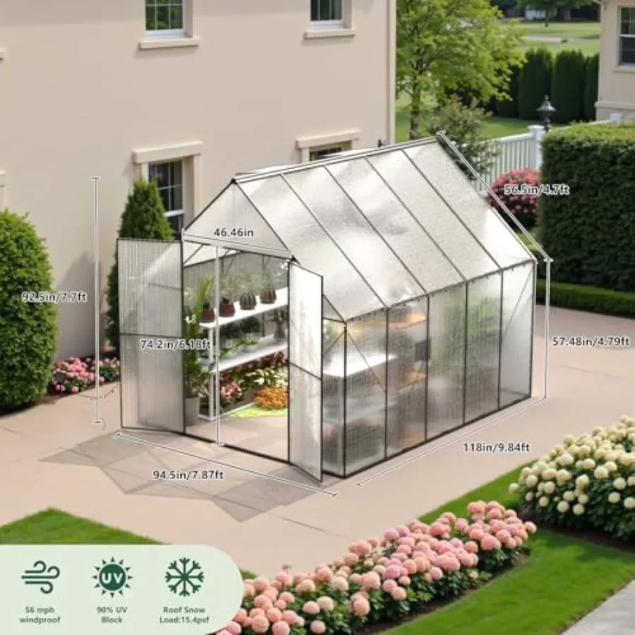 Outdoor walk-in greenhouse for backyard use, heavy-duty polycarbonate material, green color, weather-resistant and spacious des