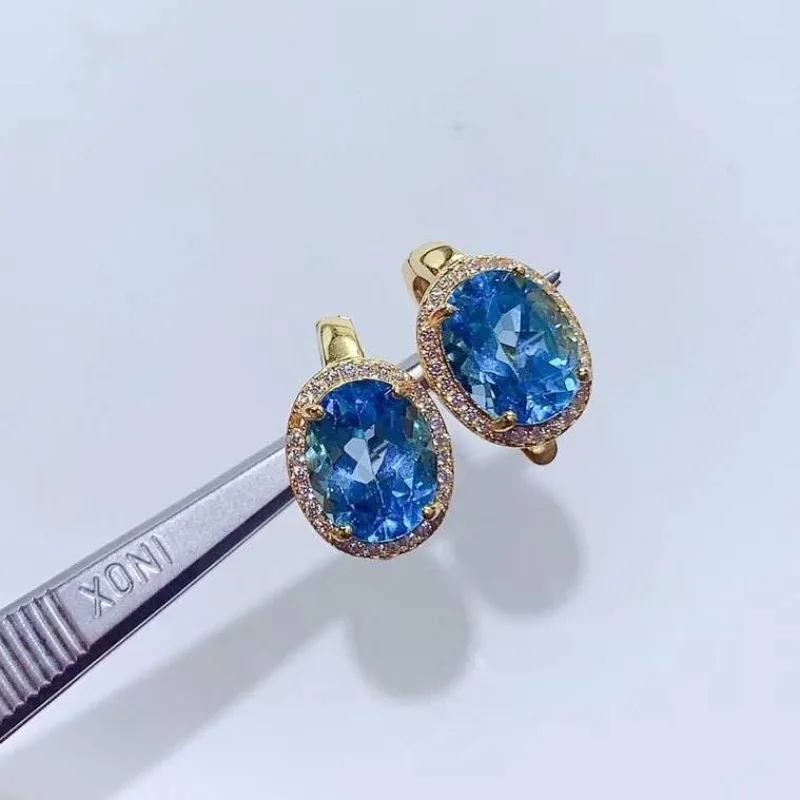 Blue Topaz Earrings 8mm*10mm Natural Topaz Earrings 925 Silver Gemstone Jewelry Allergy Free