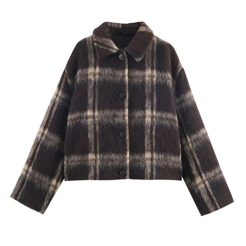 

New European and American Women's Fashion Street Style Turn-Down Collar Plaid Coat