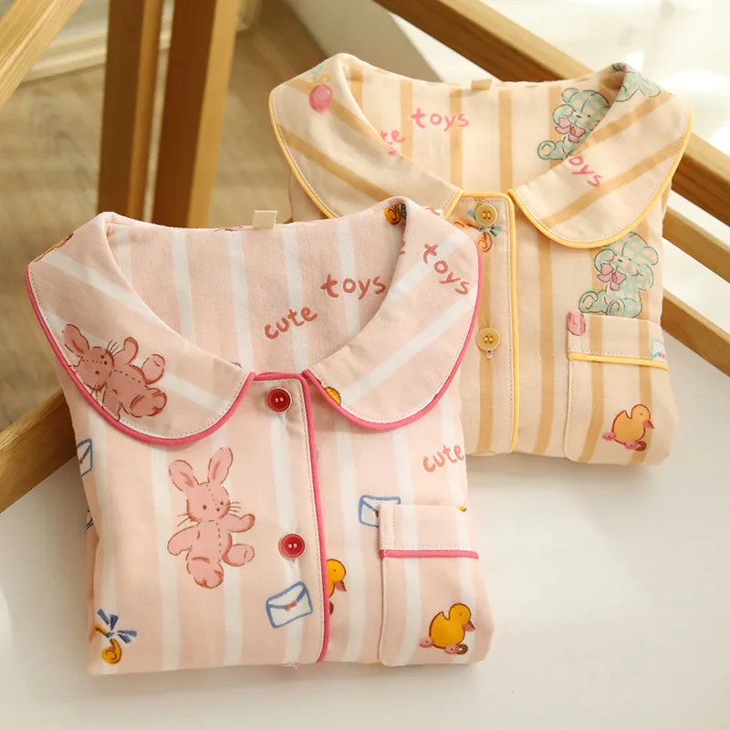 

Sweet Cartoon Soft Pure Cotton Gauze Long Sleeve Parent-child Matching Pajama Sets Girls Sleepwear Spring Autumn