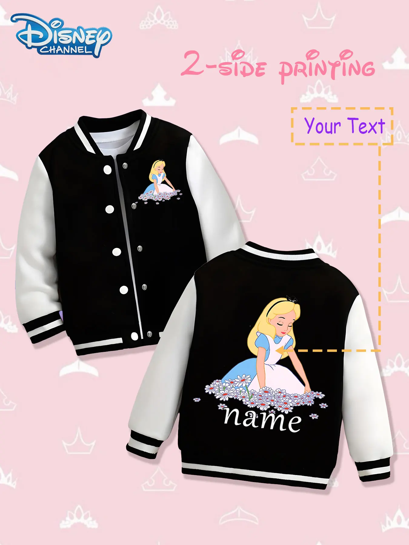 

MINISO Disney Alice Flower Sea Children's Baseball Jacket - The beautiful scene of Alice Flower Sea is displayed on both sides,