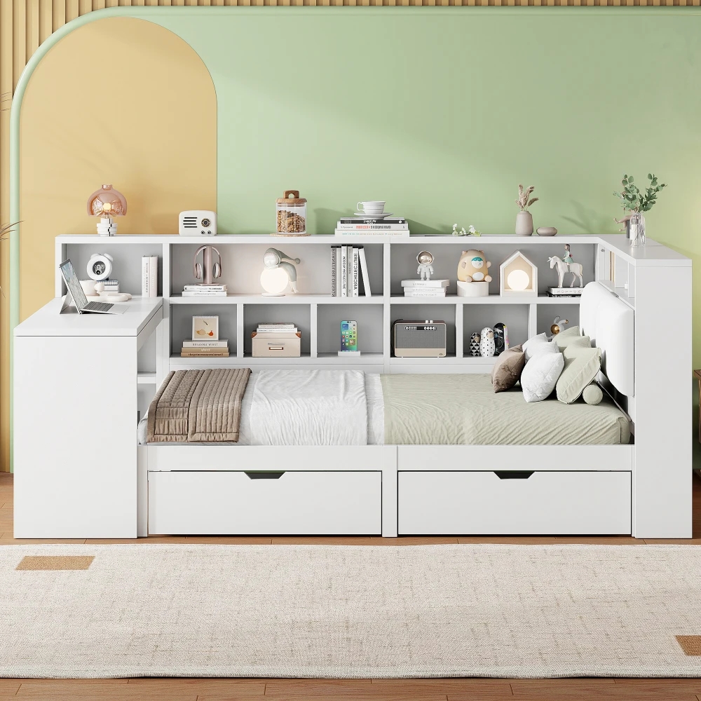 90x200 L-förmiges Plattformbett aus Holz mit Schreibtisch und Bücherregal, Eckkapitänsbett mit gepolstertem Kopfteil, Schubladen, LED-Licht – Detail 24