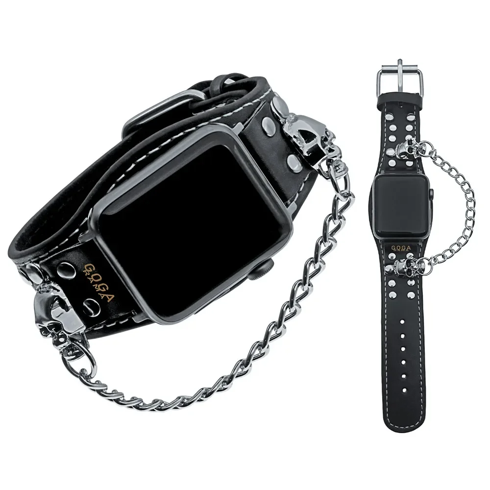 

Black Leather Silver Skull Chain Strap for Apple Watch Band 49mm 45mm 41mm 44mm 42mm 40mm IWatch Ultra 8 7 6 5 4 SE