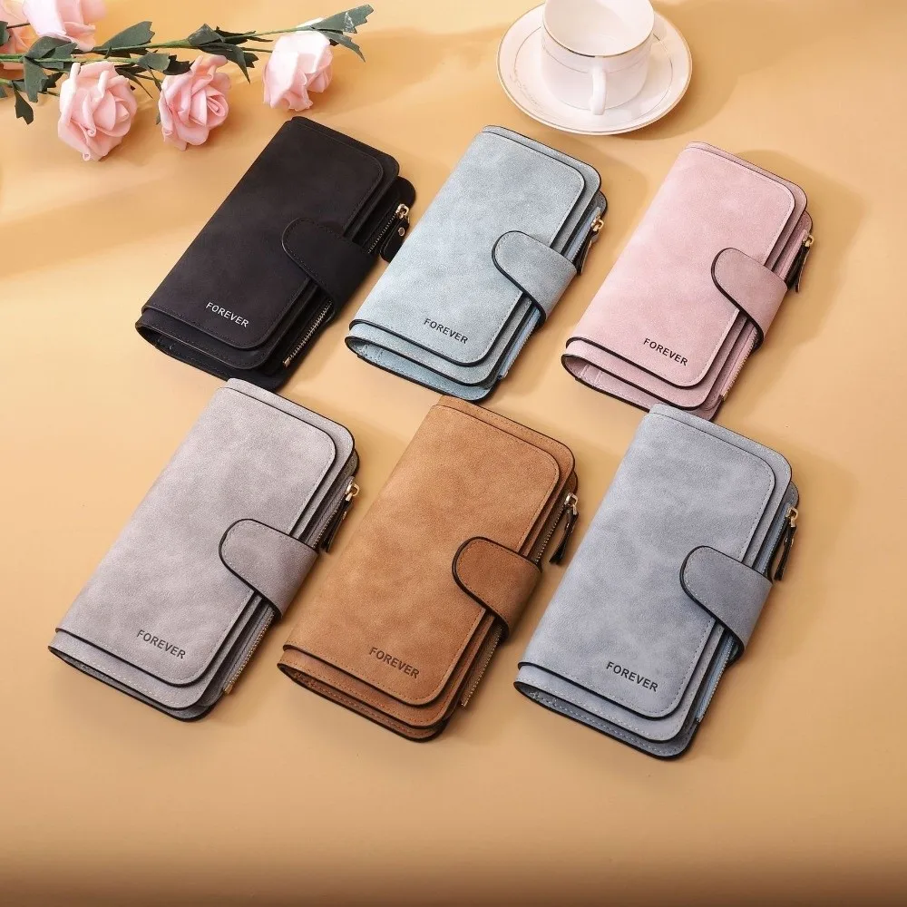 

Scrub Leather Women Wallet Solid Color Large Capacity Long Coin Purse Buckle Design Multi-Card Slots Zipper Clutch Bag Ladies