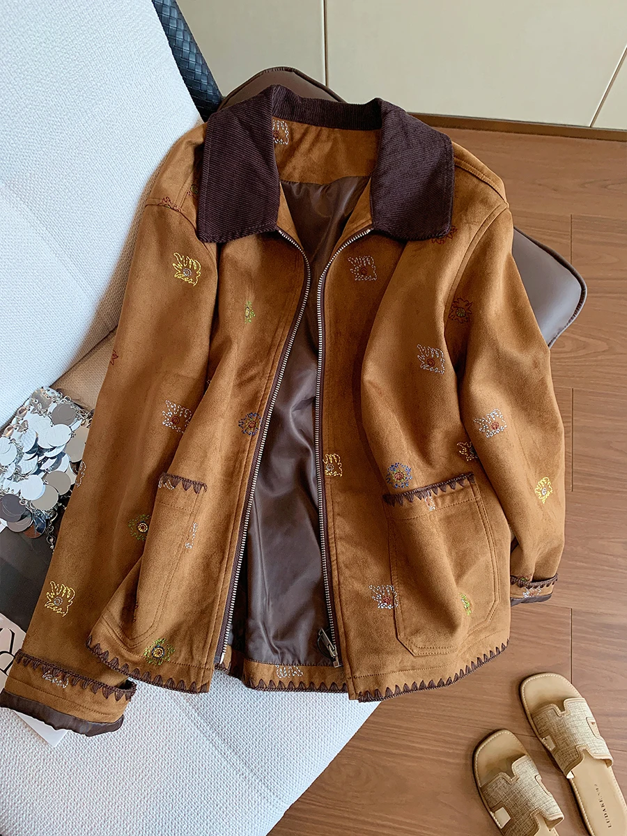 

Замшевый джат с вышитыми лацканами в стиле ретро, американский мокко, свободный топ для похудения для женщин, весенне-осенняя модная верхняя одежда