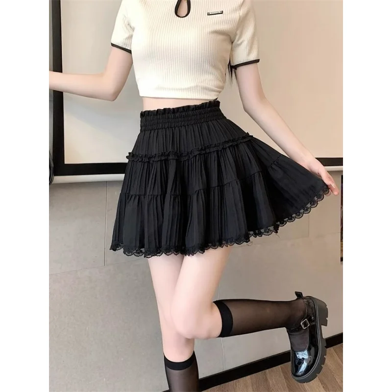 Women Summer Mini Skirt Girl Cute Sexy Elastic High Waist Ball Gown Ruffle Short Skirts for Woman Sweet Y2K Lace Halfskirt
