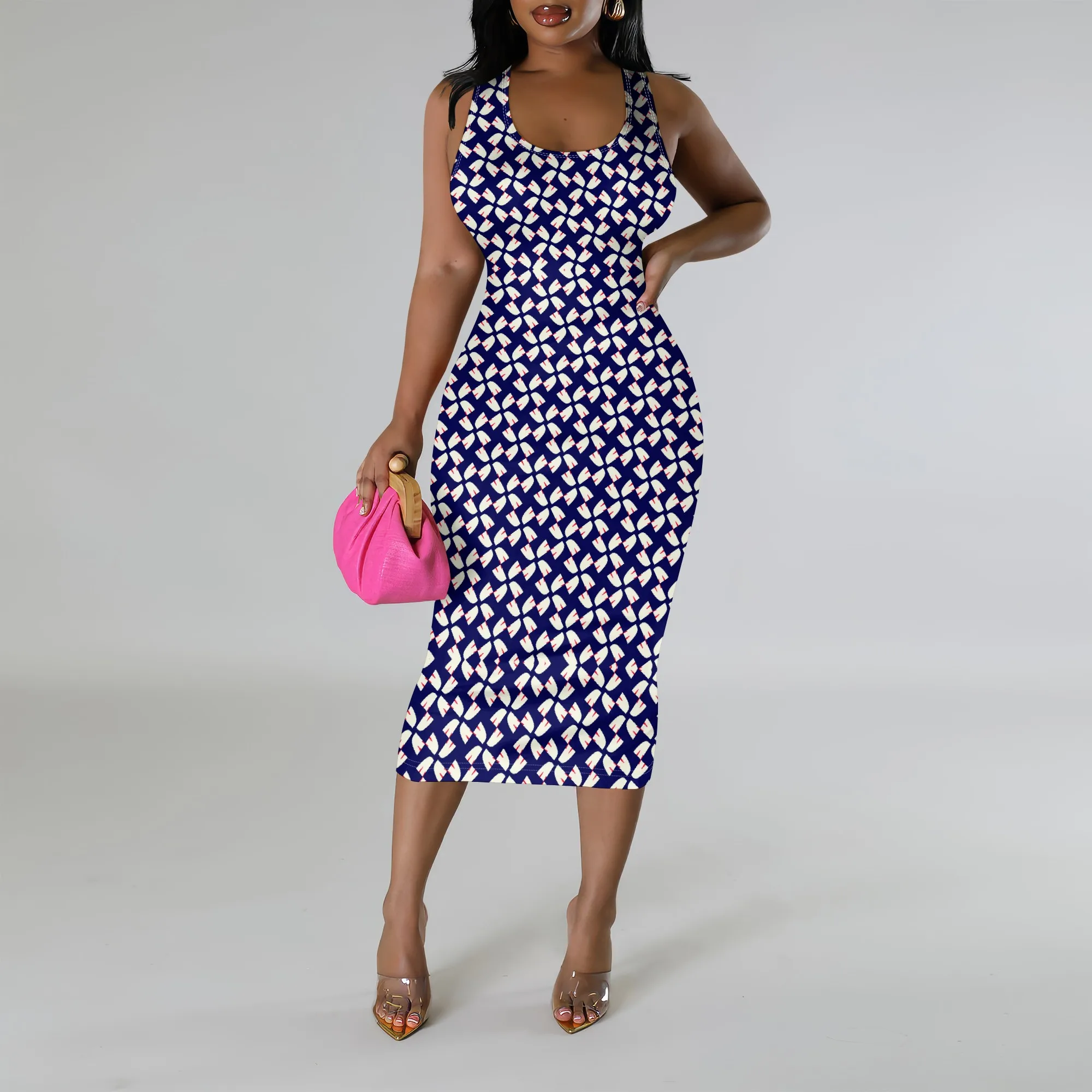 

Women's Bodycon Midi Dress Geometric Print Halter Sleeveless Pencil Dress for Cocktail Party Night Club Wear XS-3XL