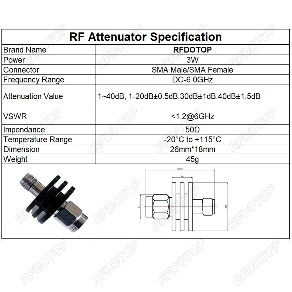 1Pcs 3W DC-6.0GHz SMA Male to SMA Female RF Attenuator 1~40dB Attenuator SMA Fixed Connectors 304 Stainless Steel 50 Ohm