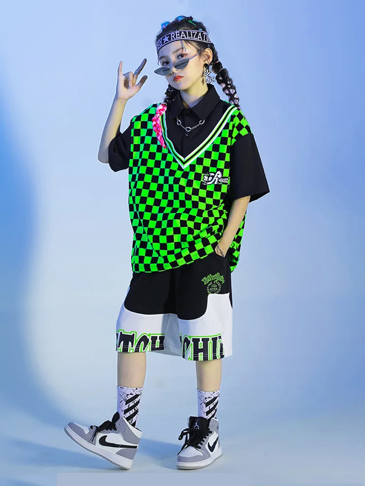 子供ヒップホップ服グリーンフェイクツーピーストップス黒白スプライシングショーツ女の子男の子ダンス衣装服