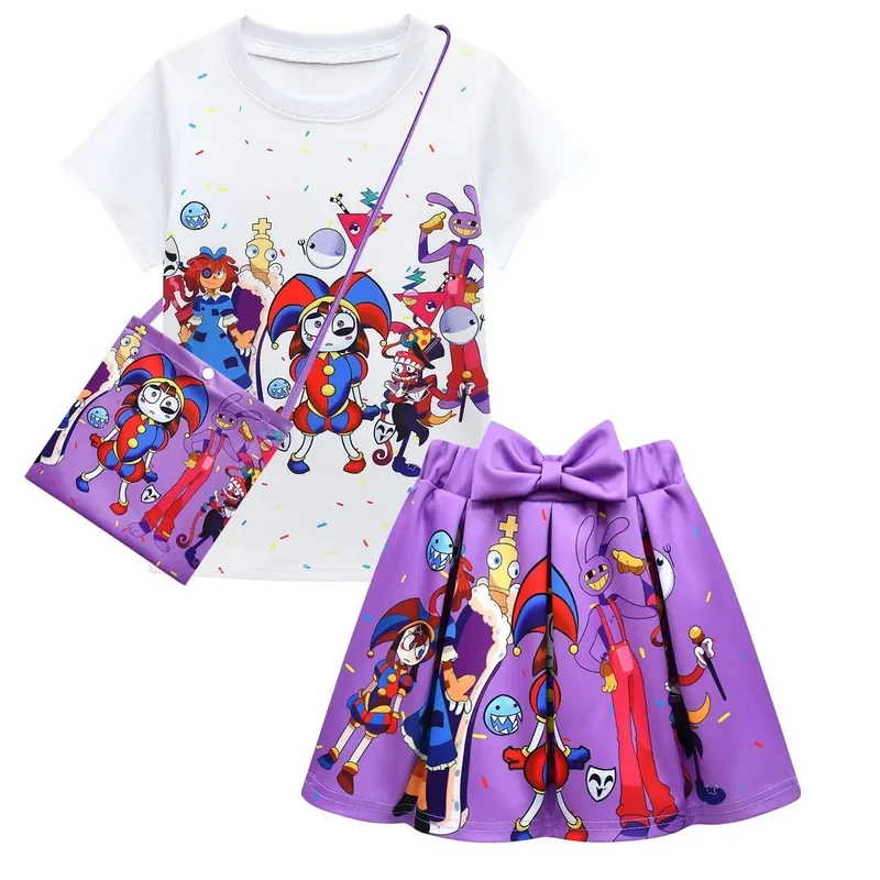 Amazing Digital Circus Girls Clothes Sets Summer Jax Pomni cartoon print T-Shirt  skirt kids Clothing Short Sleeve Tops Suit