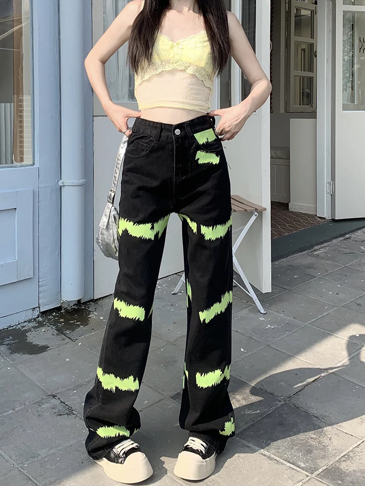 

WCFCX STUDIO Women High Waist Jeans American Retro Wide Leg Jeans Tie Dye Denim Pants Black High Street Straight Leg Trousers