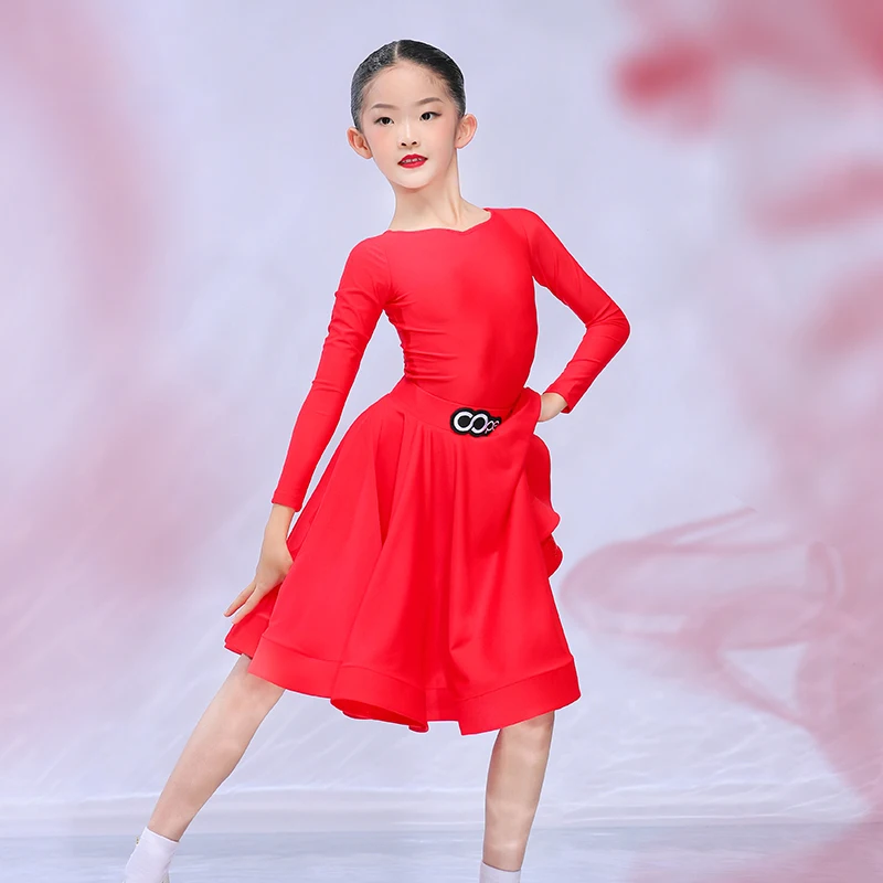 8 Colors Girls Latin Dance Dress Kids Cha Cha Competition Clothing Long Sleeves Training Practice Dress Samba Show Dress BL8512