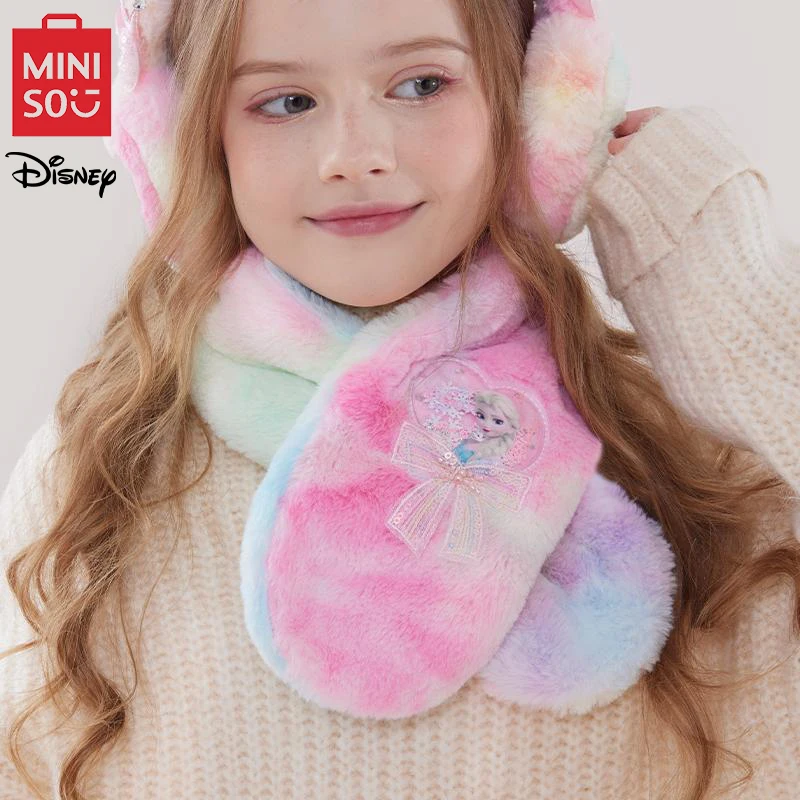 MINISO Disney Elsa Children's Scarf Kawaii Windproof Warm Scarf Cartoon Winter Fashion Snood Cute Portable Child's Neck Gaiter