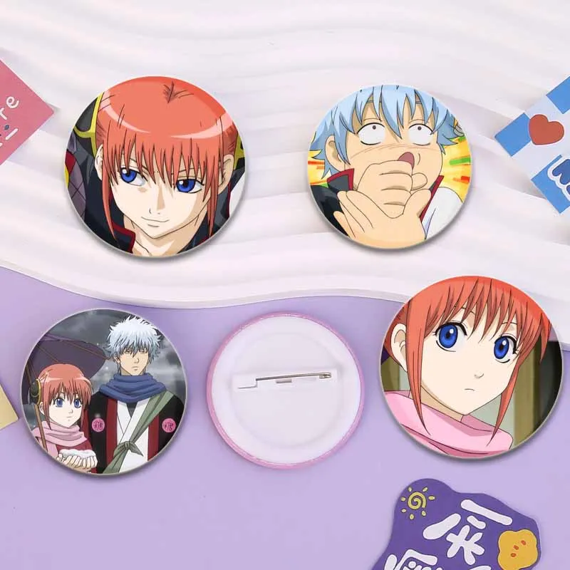 Anime Gintama Brooches Round Creative Pins Sakata Gintoki/Kagura/Shimura Shinpachi Cartoon Badge Bag Accessories Jewelry Gifts