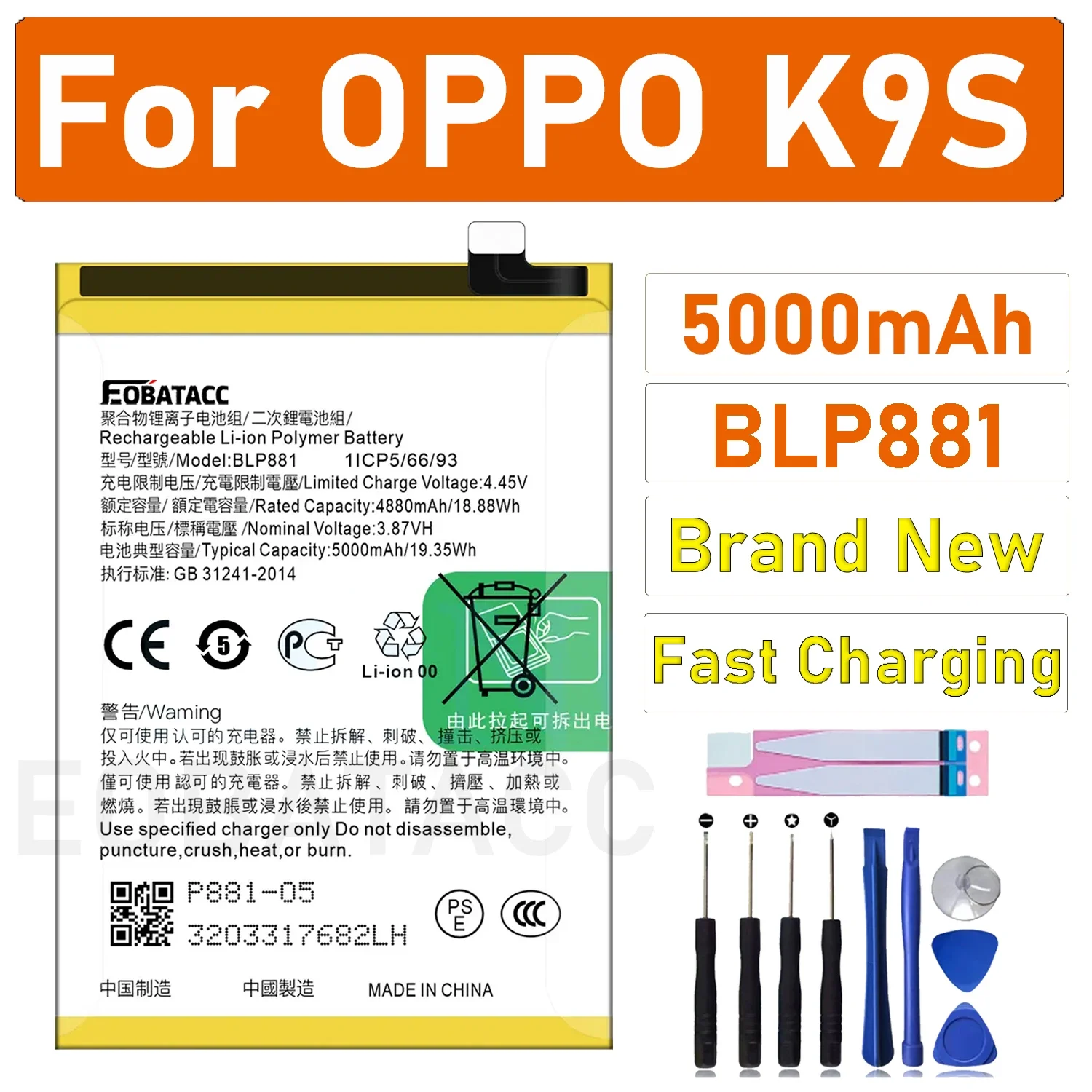 

2025 Years EOBATACC New 100% Original BLP881 Battery For OPPO K9S Batteries + Tools