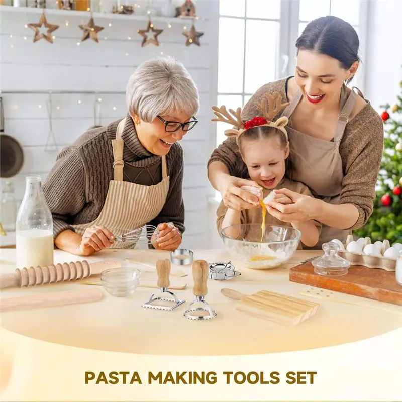 9Pcs Pasta Making Tools Set, Wooden Rolling Pin, Gnocchi Board, Ravioli Stamp Maker Cutter, Pastry Cutter Wheel
