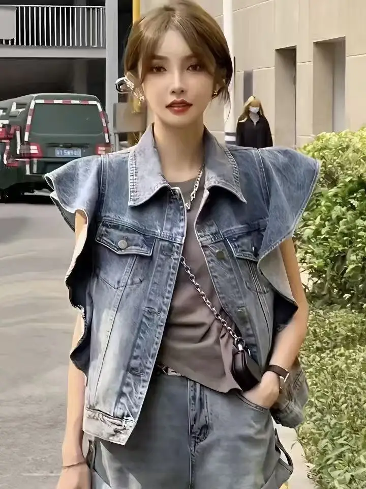 Retro Fashion Loose Versatile Lapel Collar Buckle Denim Vest Women Top Waistcoat  Mujer Jackets For Female 2025 Autumn