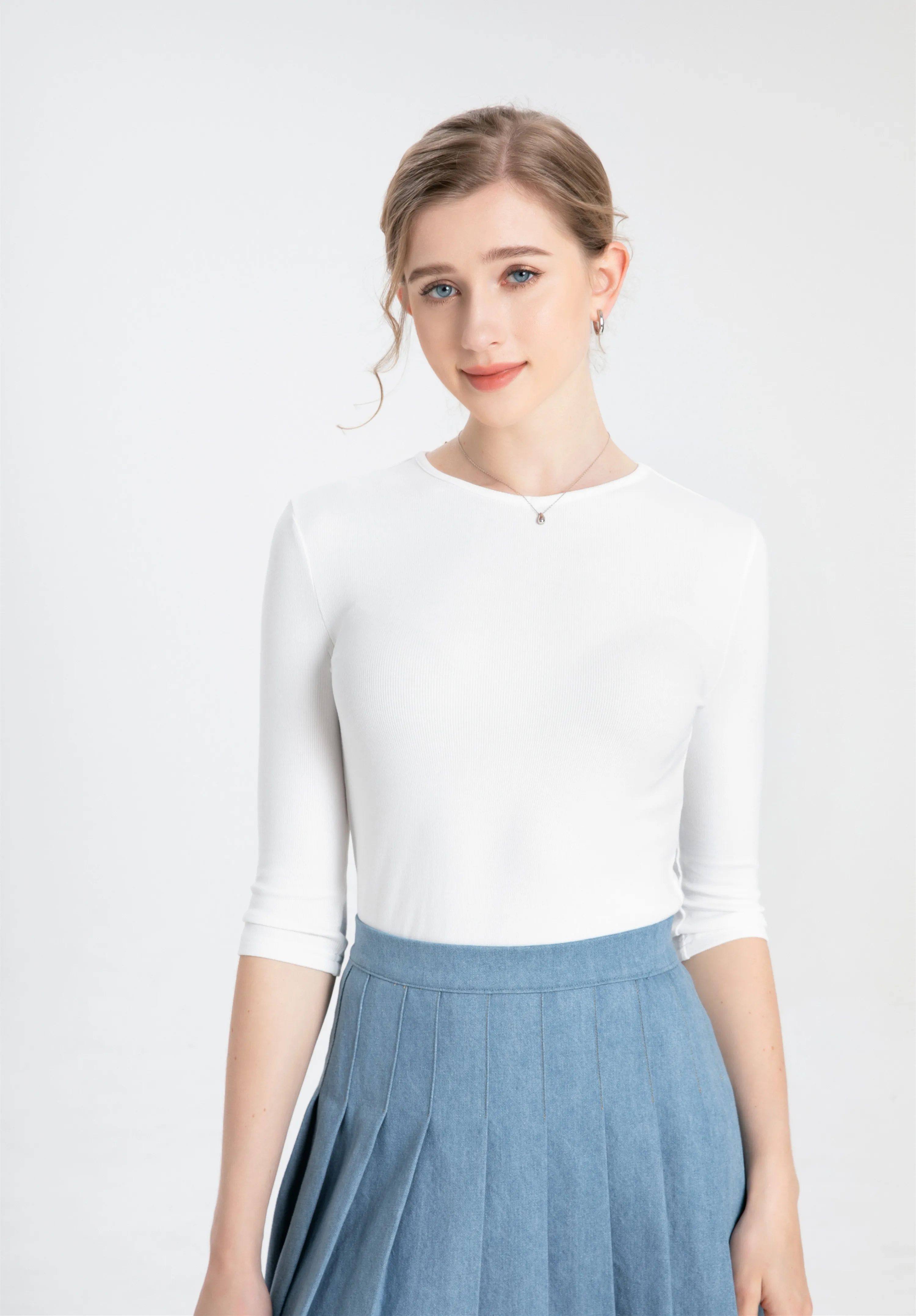 Summer new 3/4 sleeve fitting style T shirt high V -Neck woman tops elastic ribbing fabric clothes