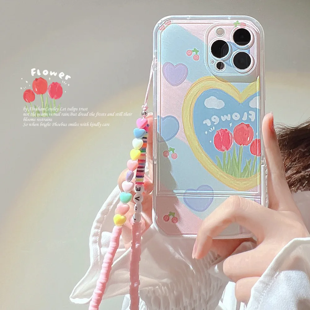 Funda de teléfono con soporte invisible de flores y pintura al óleo ins con cordón para iPhone 16 Pro Max 15 14 13 12 11 XR XS Max 7 8 Plus