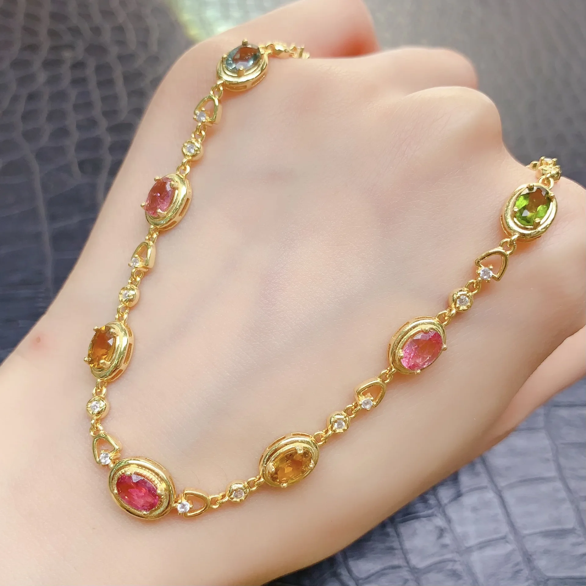 Natural Multi-Color Tourmaline Tennis Necklace 4x6mm Oval Cut S925 Silver Gold Plated with CZ Accents