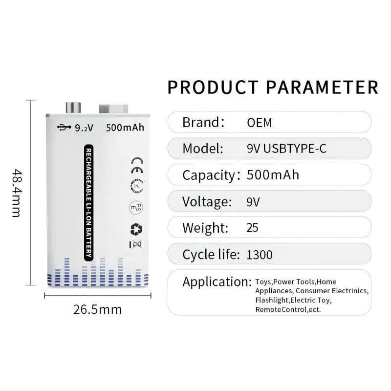 9V 1000mAh USB Lithium-ion Batteries 9V 6F22 Li-po Battery Constant Voltage For Multimeter Microphone Toy +USB Charging Cable