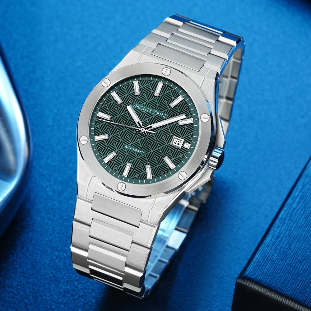 Specht&Sohne Luxus-Herren-Automatikuhr, 38 mm, grünes strukturiertes Zifferblatt, Miyota 8215, 50 m wasserdicht, Saphirglas, Edelstahl