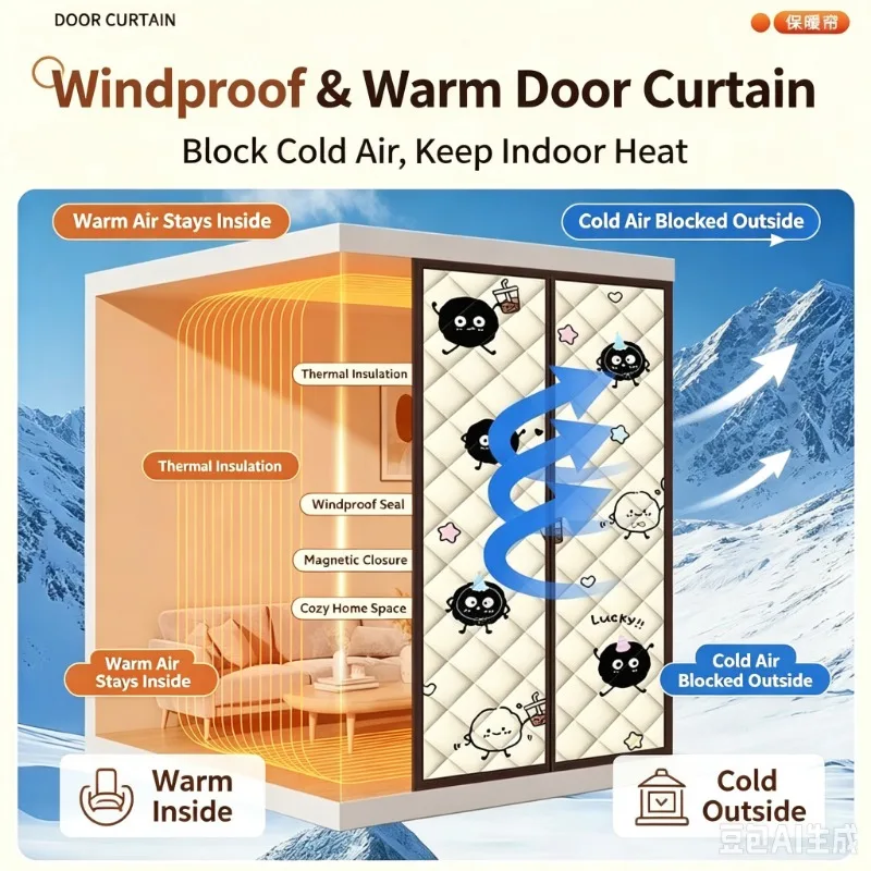 Winter Magnetic Thermal Insulated Door Curtain Self Closing Windproof Cotton Screen No Drill Wide Hook Loop for Kitchen Doorway