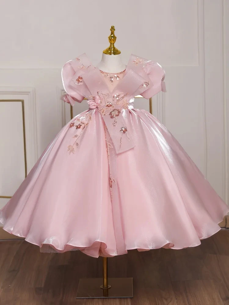 Customized Pink Flower Girl Dress For Wedding Appliques Short Sleeve High Waist Floor Length Kids Birthday First Communion Gown