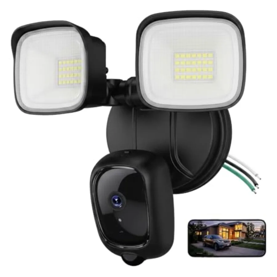 2K Hardwired Flood Light Camera, 3500LM Dual-Head Outdoor Security Camera with Color Night Vision, 5G/2.4G WiFi, PIR Motion Det