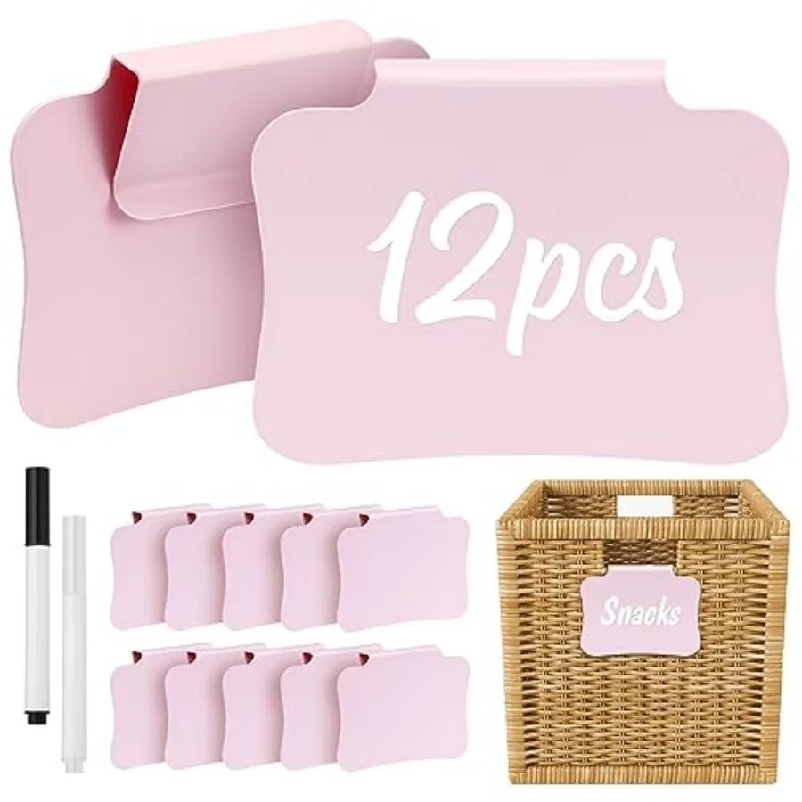12PCS Basket Labels Clip On for Storage Bins, Removable and Erasable Bin Labels Clips On, Laundry Kitchen Pantry Labels for Org