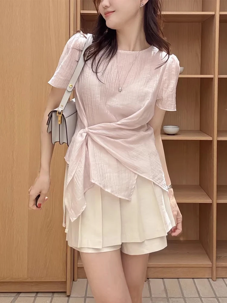 

Sweet Sle ort Sve irt Women's Summer New Texture Pure Color Top Loose Fit round Ne Polyester Fiber Chinese Made