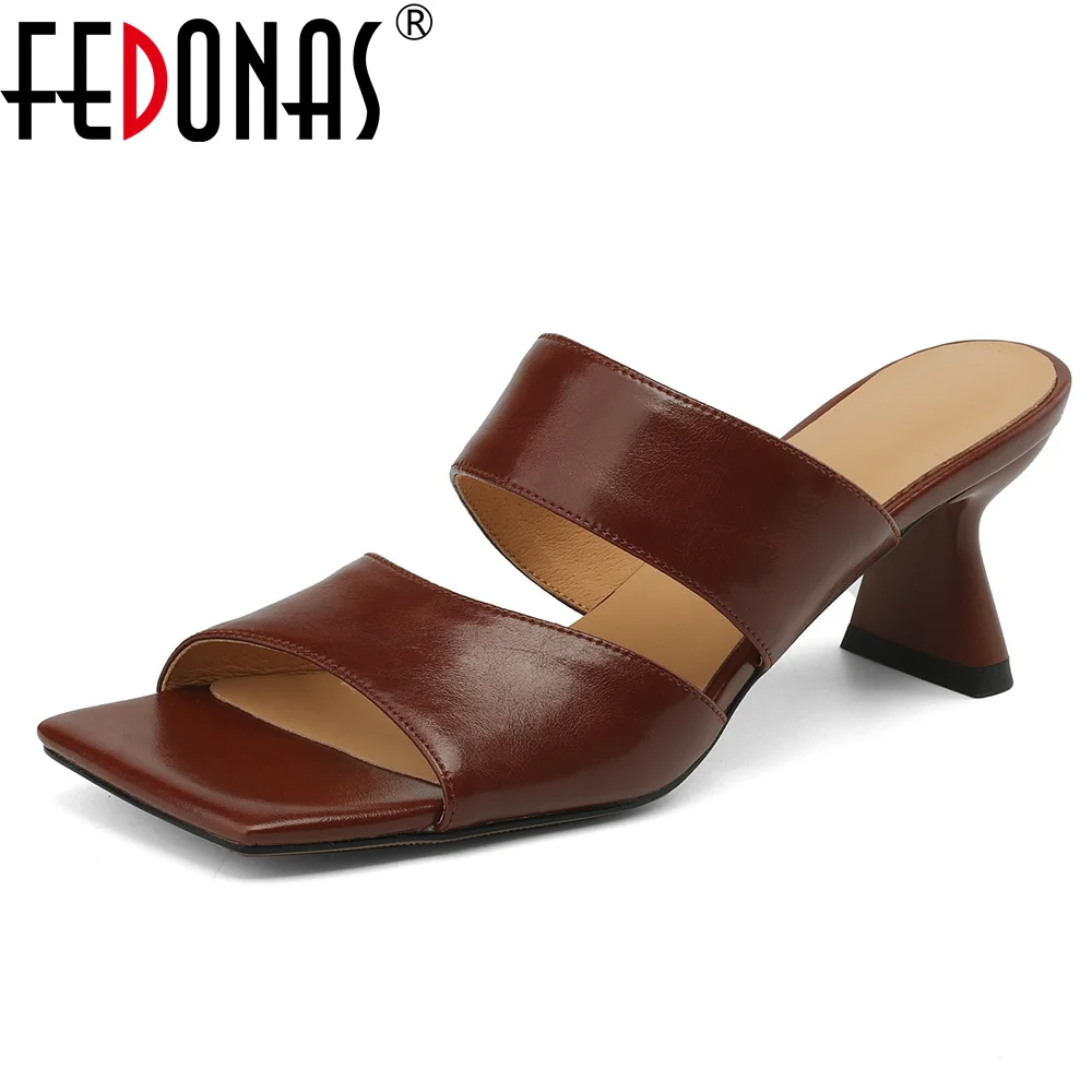 FEDONAS New Women Genuine Leather Sandals High Heels Square Toe Summer Comfort Casual Shoes Woman Female Fashion Pumps Slippers